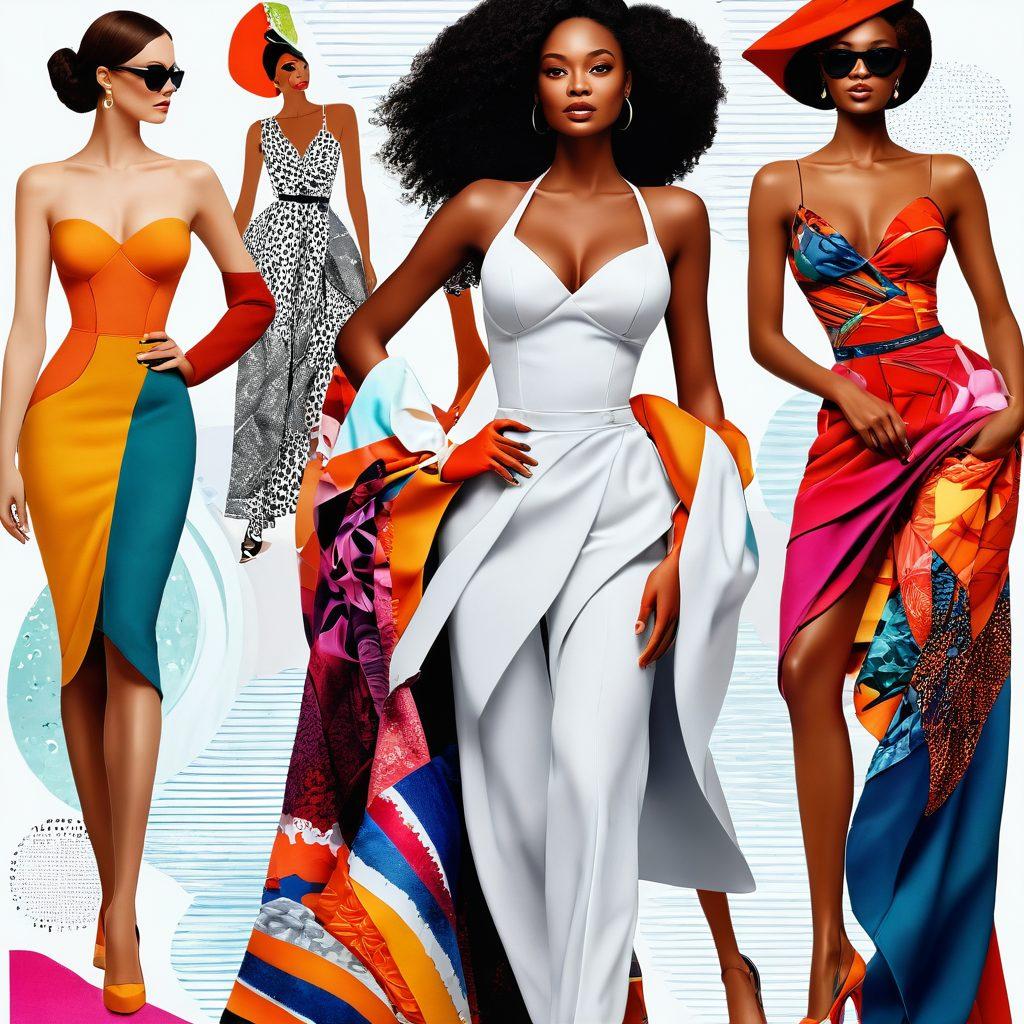 A vibrant collage illustrating the journey from fashion to intimacy, with elegant busty figures confidently showcasing stylish outfits, surrounded by empowering quotes. Incorporate elements of soft fabrics and playful patterns symbolizing intimacy, with playful abstract shapes in the background to add dynamism. Use warm, inviting colors to evoke feelings of empowerment and confidence. super-realistic. vibrant colors. white background.