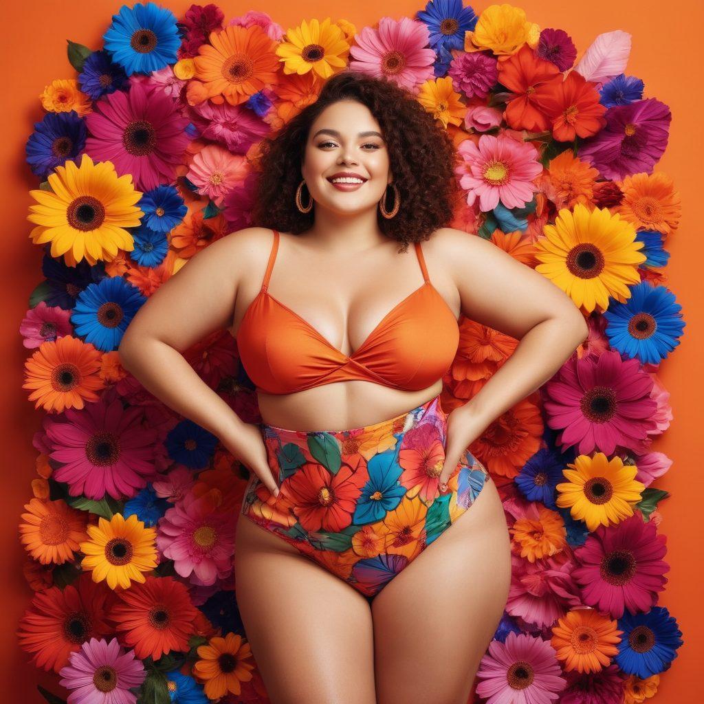 A confident curvy woman celebrating her body, surrounded by vibrant, empowering symbols like flowers and abstract art representing self-expression. She wears stylish, sensual clothing that reflects her personality and strength, with a joyful smile on her face. The background is filled with warm, uplifting colors that evoke feelings of empowerment and freedom. The scene emphasizes body positivity and sensuality in a tasteful manner. vibrant colors. super-realistic.